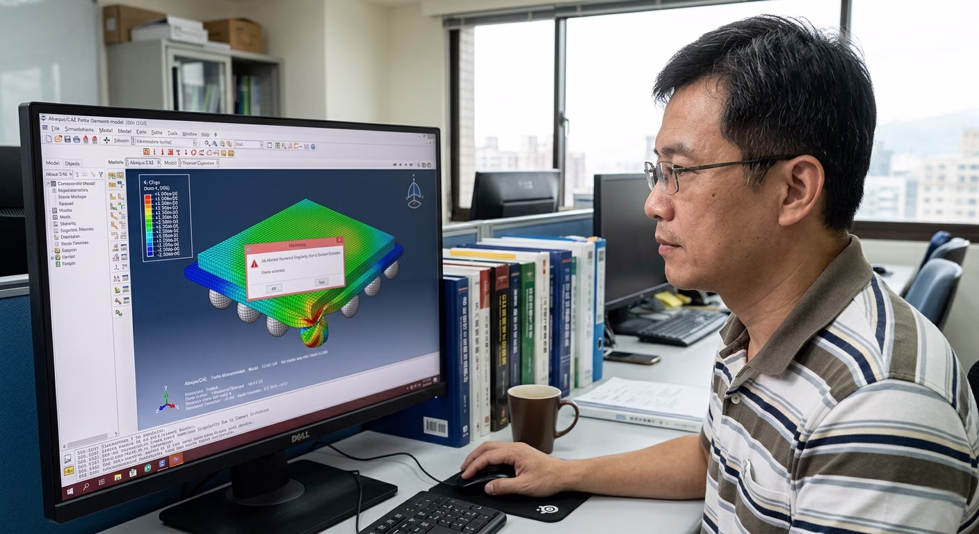 CAE engineer analyzing an Abaqus job aborted error caused by severe mesh distortion and numerical singularity during an implicit large deformation simulation.