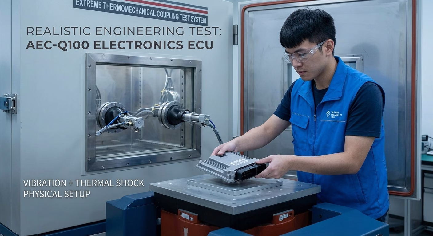 Hardware testing engineer loading an automotive ECU into a combined thermal shock and vibration chamber for AEC-Q100 reliability physical testing.