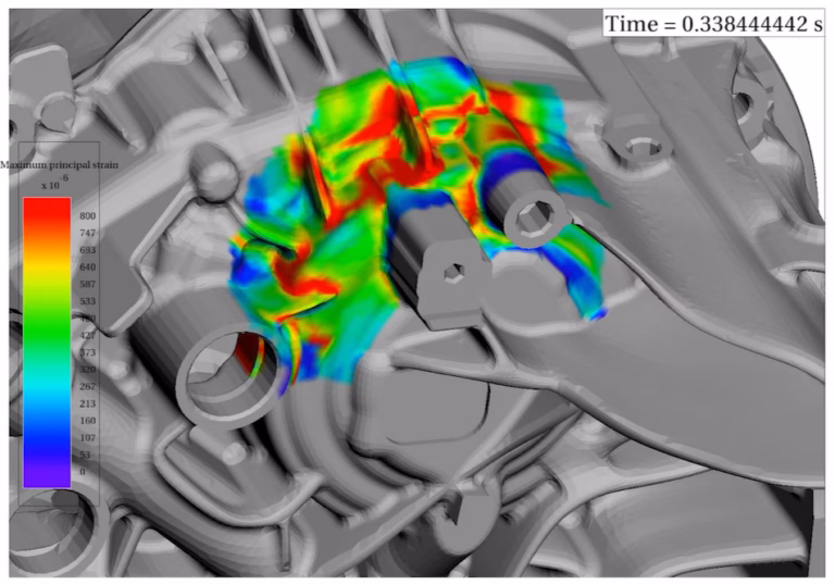 Dynamic structural analysis in SIMULIA showing maximum principal strain contours on a complex EV transmission housing for lightweight design validation.