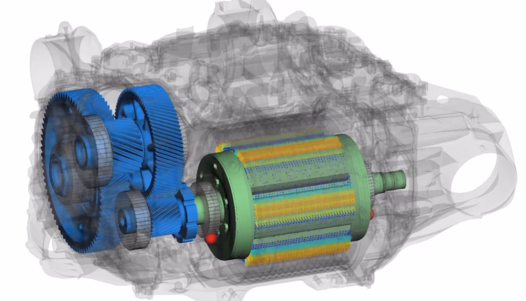 3D system-level simulation of a complete BMW electric motor and gearbox powertrain, analyzing electromagnetic fields and gear meshing dynamics.