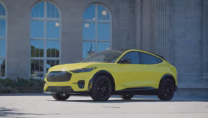 Ford Mustang Mach-E electric vehicle, highlighting the target platform for advanced EV NVH optimization and acoustic simulation using SIMULIA.