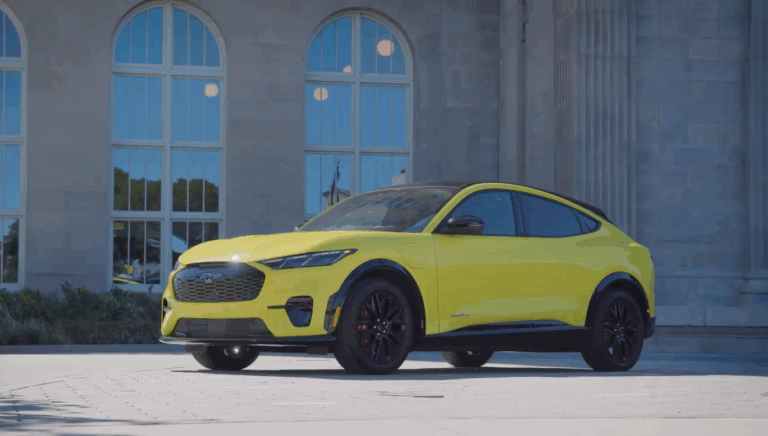 Ford Mustang Mach-E electric vehicle, highlighting the target platform for advanced EV NVH optimization and acoustic simulation using SIMULIA.