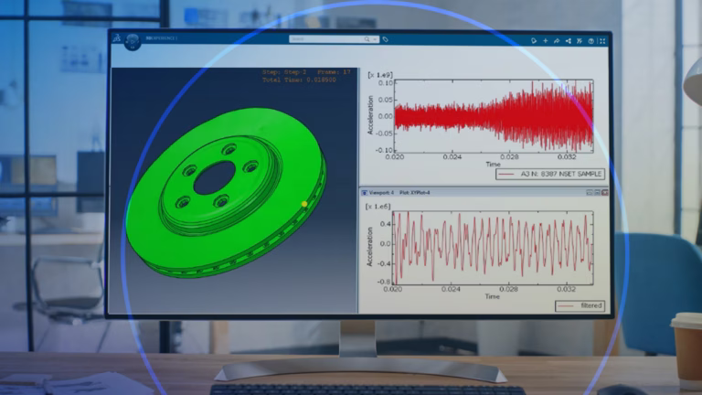 Abaqus/Viewer interface displaying a 3D brake rotor model alongside noisy and filtered acceleration time-history plots for signal processing.