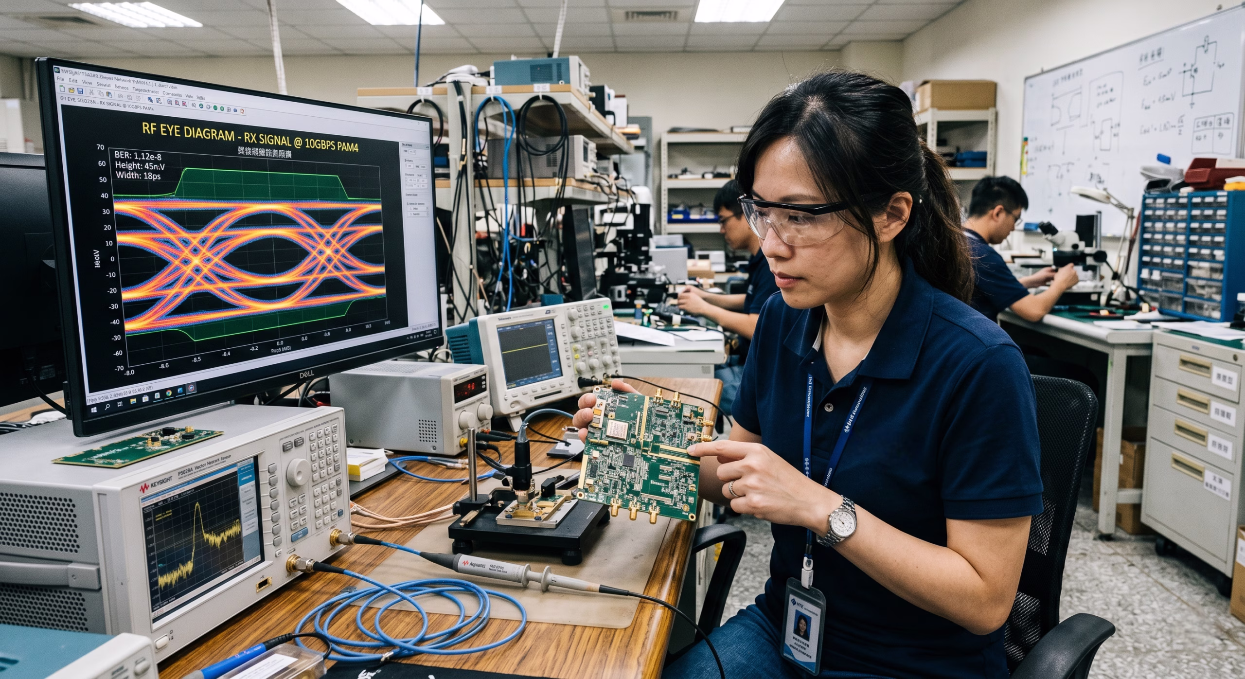 Signal integrity engineer in a laboratory evaluating a 10Gbps PAM4 RF eye diagram on a monitor during high-frequency PCB prototype testing.