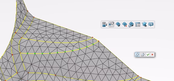 Advanced surface mesh editing and feature line control tools in Abaqus R2026x FEA software.
