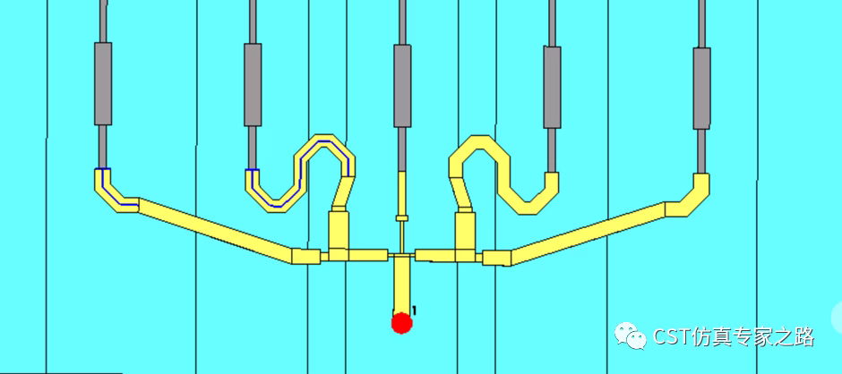 Detailed view of meander line phase shifters in the antenna feeding network using CST Studio Suite.