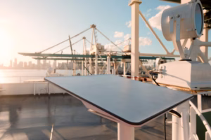 Reconfigurable Intelligent Surface RIS hardware panel deployed in a smart port environment for advanced maritime communication