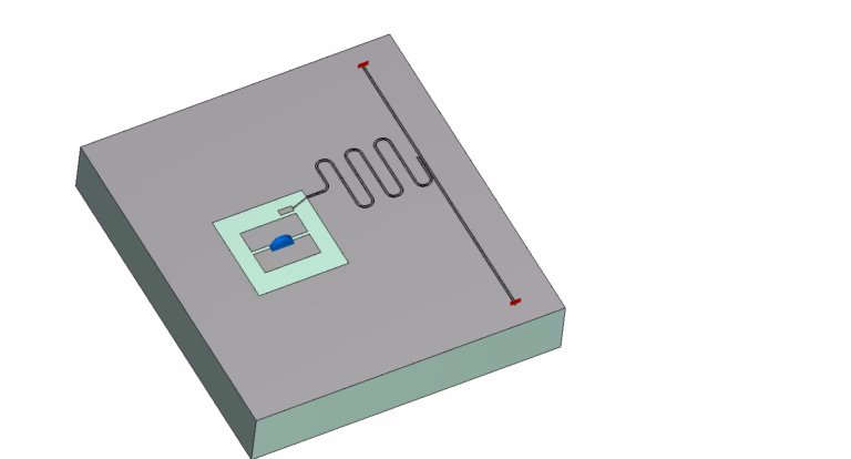 3D model of a superconducting transmon qubit coupled to a coplanar waveguide resonator on a silicon chip substrate.