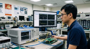 Engineer performing Time Domain Reflectometry (TDR) measurements using a Vector Network Analyzer (VNA) for PCB signal integrity analysis.