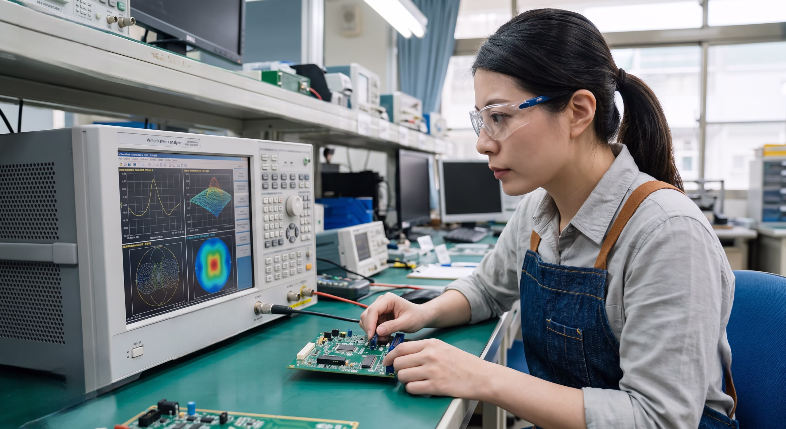 Female hardware engineer using a vector network analyzer to test a PCB circuit board in an electronics laboratory, in BOM 01.jpg.