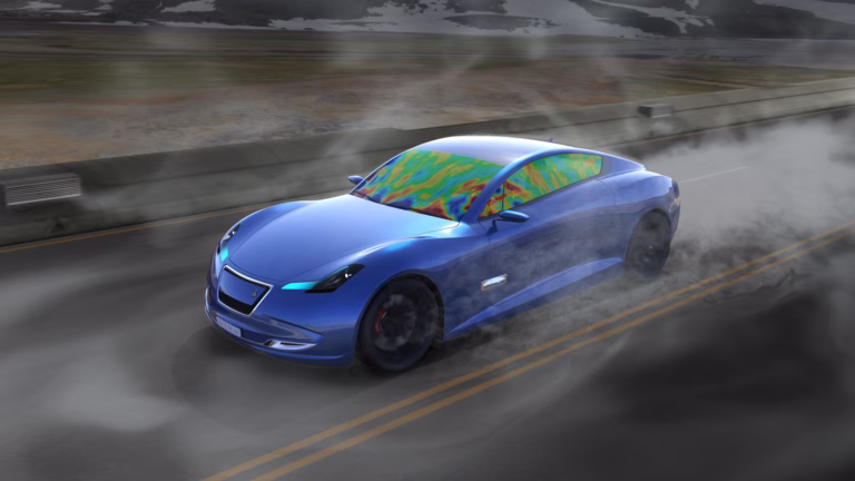 Aeroacoustic CFD simulation of a blue sports car showing wind noise and surface pressure heatmap on windows in acoustic_external_bleucar.jpg.