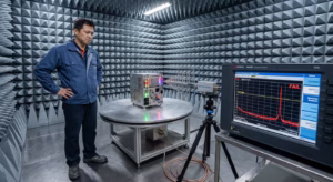Electromagnetic compatibility testing setup showing EMI radiation emissions failure on a spectrum analyzer in a chamber.