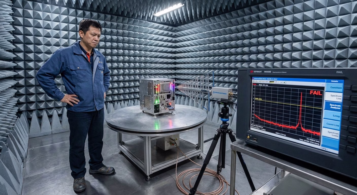 Electromagnetic compatibility testing setup showing EMI radiation emissions failure on a spectrum analyzer in a chamber.