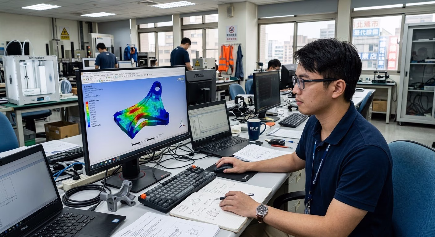 CAE engineer performing structural FEA stress analysis and comparing 3D printed mechanical bracket prototypes in a laboratory workspace.