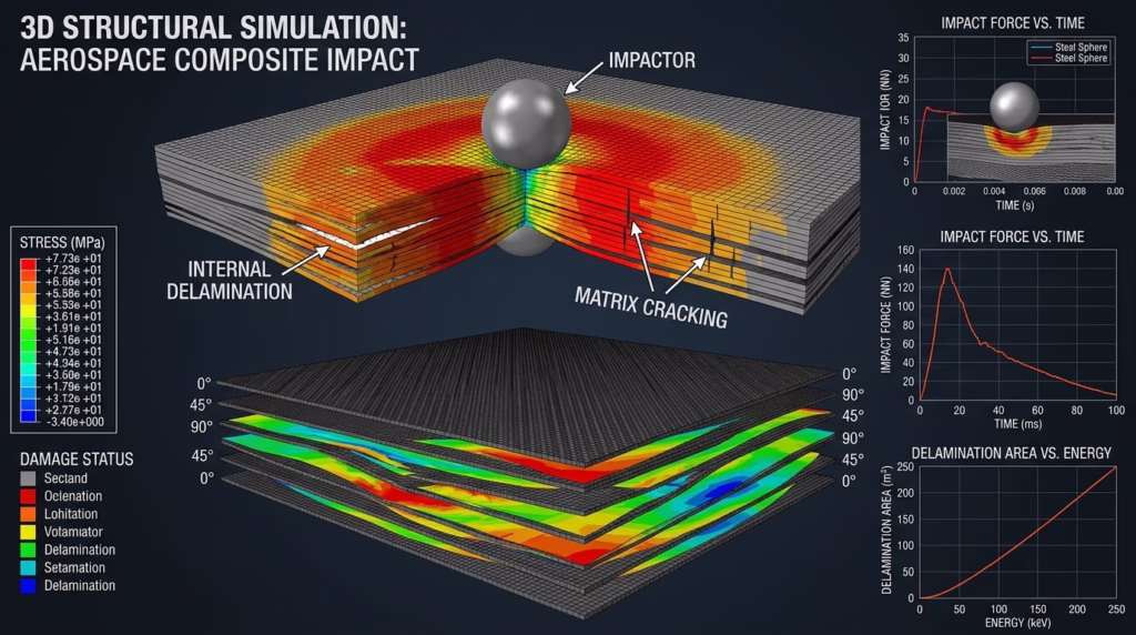 3D structural FEA simulation diagram of aerospace composite laminate impact showing internal delamination, matrix cracking, and ply damage contours in Garbage In, Garbage Out06.jpg.