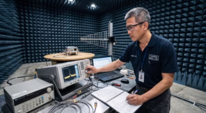 Focused Taiwanese EMC engineer at Taiwan EMC Lab inside an anechoic chamber, adjusting a spectrum analyzer knob and writing data in a notebook. A Device Under Test (DUT) on a turntable with a log-periodic antenna is in the background.