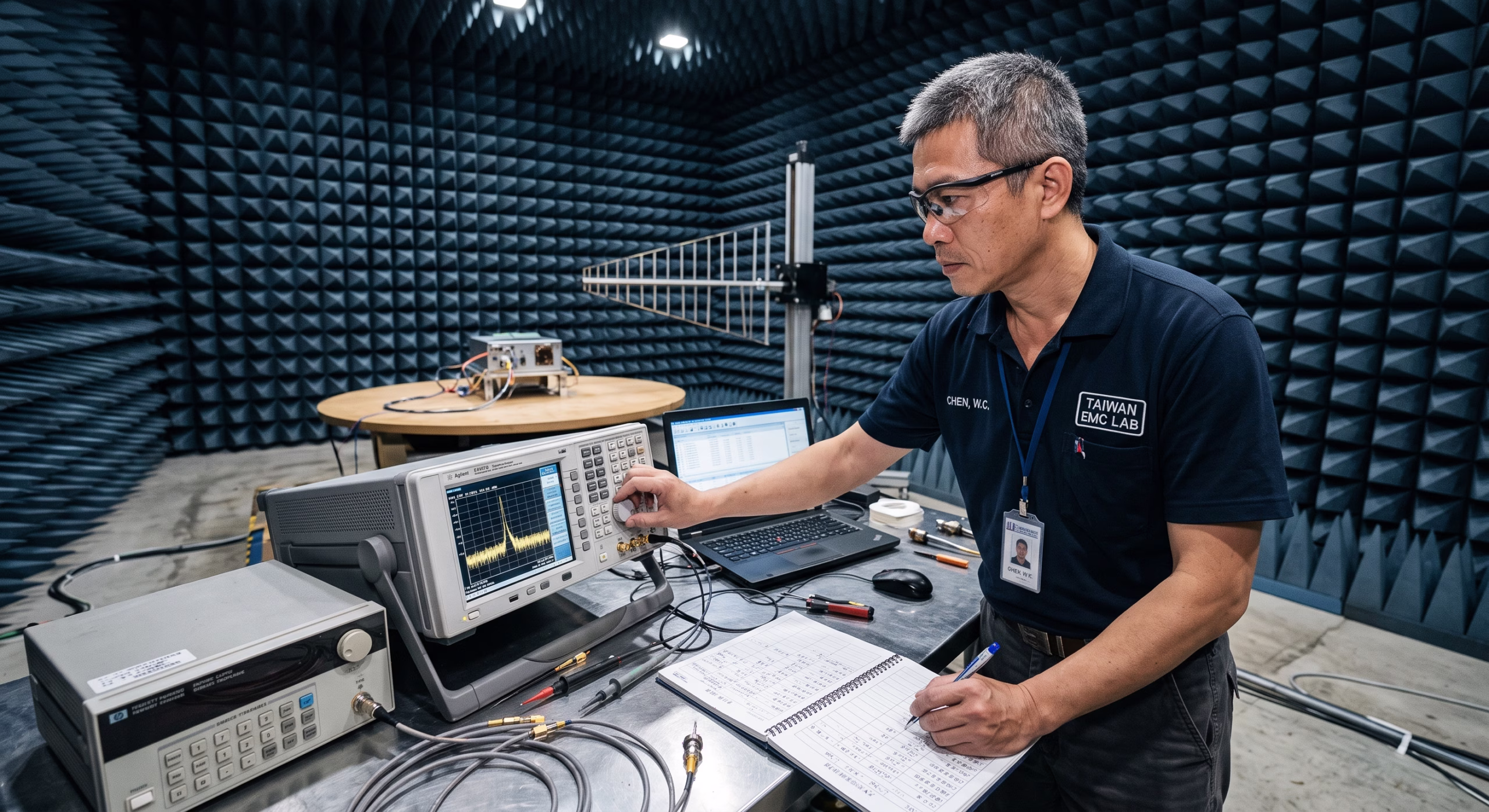 Focused Taiwanese EMC engineer at Taiwan EMC Lab inside an anechoic chamber, adjusting a spectrum analyzer knob and writing data in a notebook. A Device Under Test (DUT) on a turntable with a log-periodic antenna is in the background.