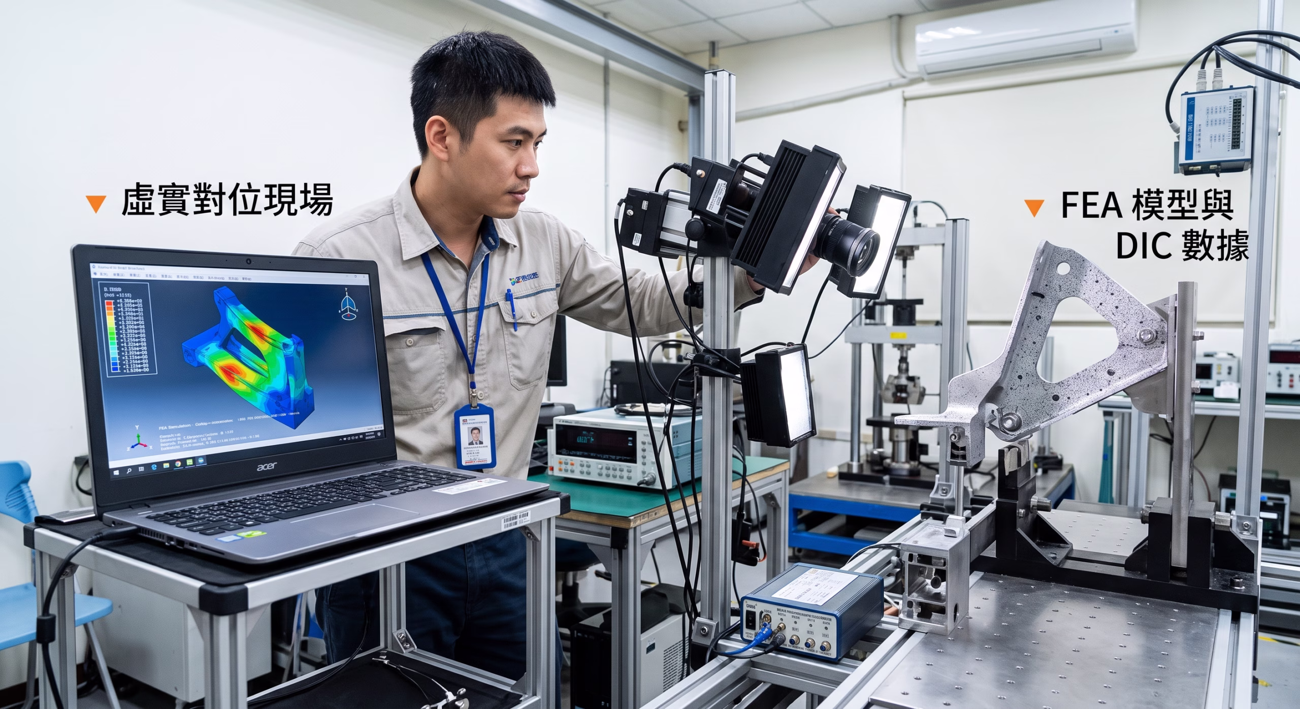 Structural FEA simulation and DIC measurement correlation setup in a mechanical laboratory, demonstrating the validation of digital twin models against real-world physical testing.