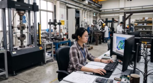 Structural analysis engineer conducting FEA simulation and material testing data correlation in a mechanical laboratory equipped with a universal testing machine.