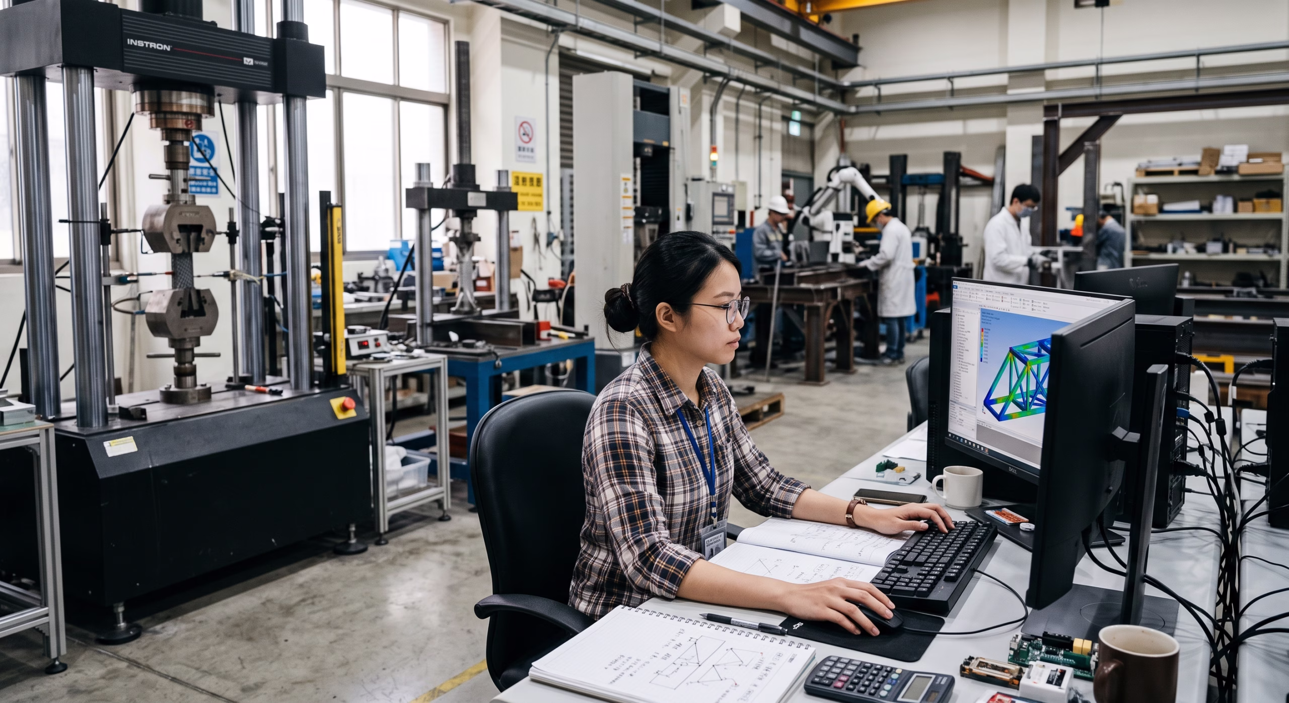 Structural analysis engineer conducting FEA simulation and material testing data correlation in a mechanical laboratory equipped with a universal testing machine.