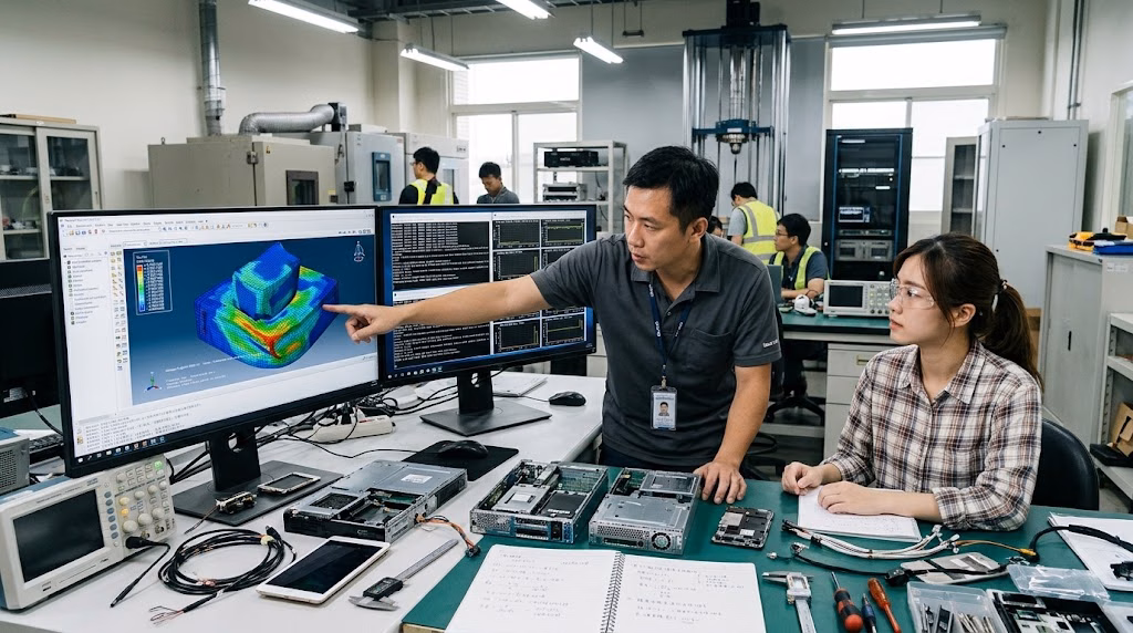 HPC and GPU-accelerated CAE simulation setup in a hardware lab, featuring engineers analyzing a 3D FEA thermal stress model and computation logs alongside physical prototypes for design validation.