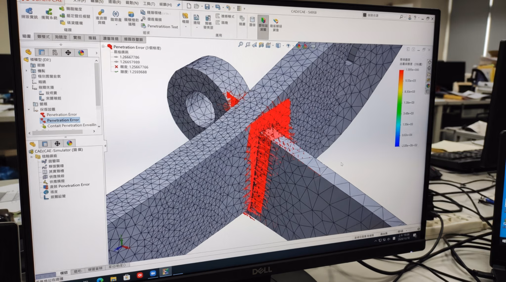 Multi-body contact FEA simulation showing severe mesh penetration errors and red interference vectors between two structural components during non-linear analysis.