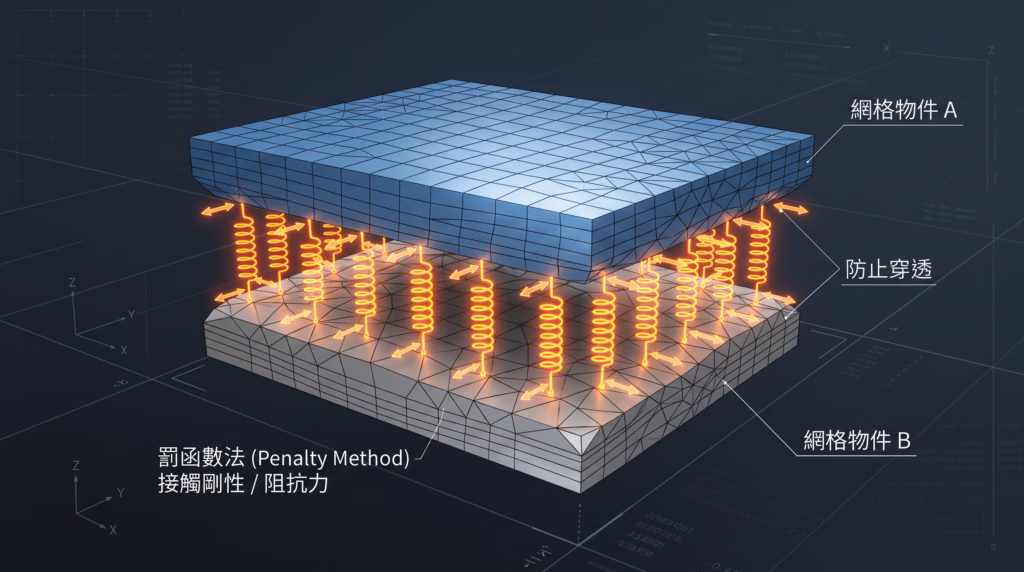 Multi-body contact simulation algorithm visualization demonstrating the FEA penalty method, using virtual contact stiffness springs to resolve mesh interference and prevent model penetration.
