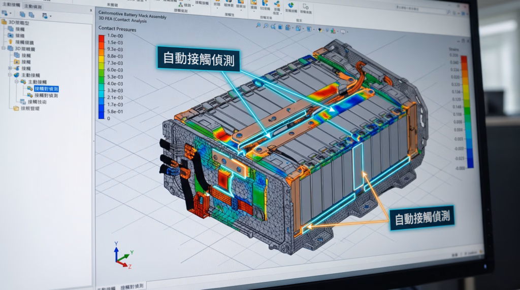 Multi-body contact FEA simulation of an EV battery module, visualizing contact pressure distribution and demonstrating the automatic contact detection algorithm for efficient structural analysis.