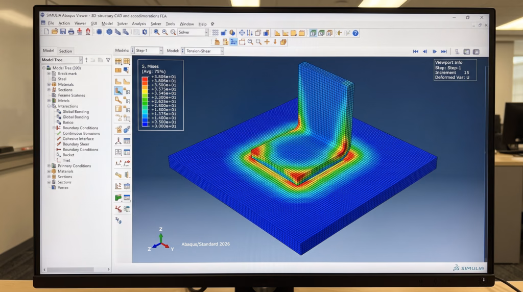 Structural FEA simulation in SIMULIA Abaqus analyzing multi-body contact and Von Mises stress distribution on an L-bracket assembly for mechanical failure prediction.