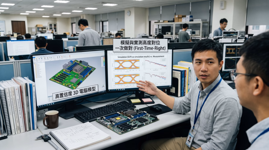 SI/PI co-simulation and measurement correlation setup, showing engineers validating a digital twin 3D PCB model against physical prototype eye diagrams to achieve first-time-right design.