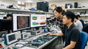 SI/PI engineers evaluating high-speed PCIe PCB layout and signal integrity simulation results alongside physical motherboard prototypes in a hardware testing laboratory.